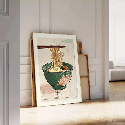space vibrant Ramen Kitchen poster lively green orange hues wall art enthusiasts eye print ideal gift food lovers popular dimensions A4 cm A0