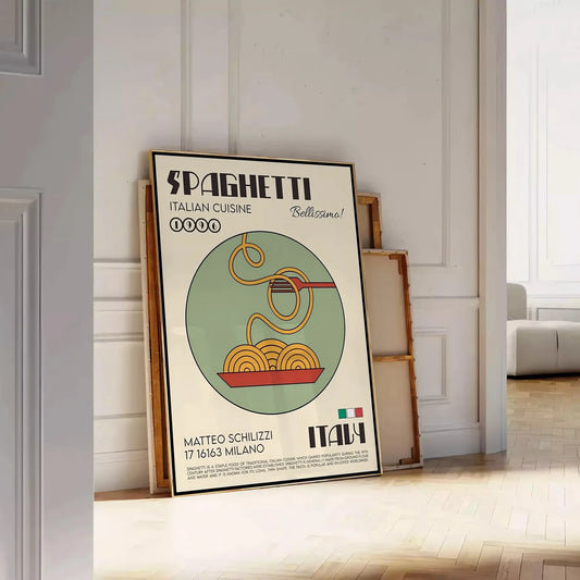 kitchen culinary haven stunning spaghetti Italian cuisine poster vibrant green accents sleek black background wall art perfect gift food lovers A4 cm A0 print sizes