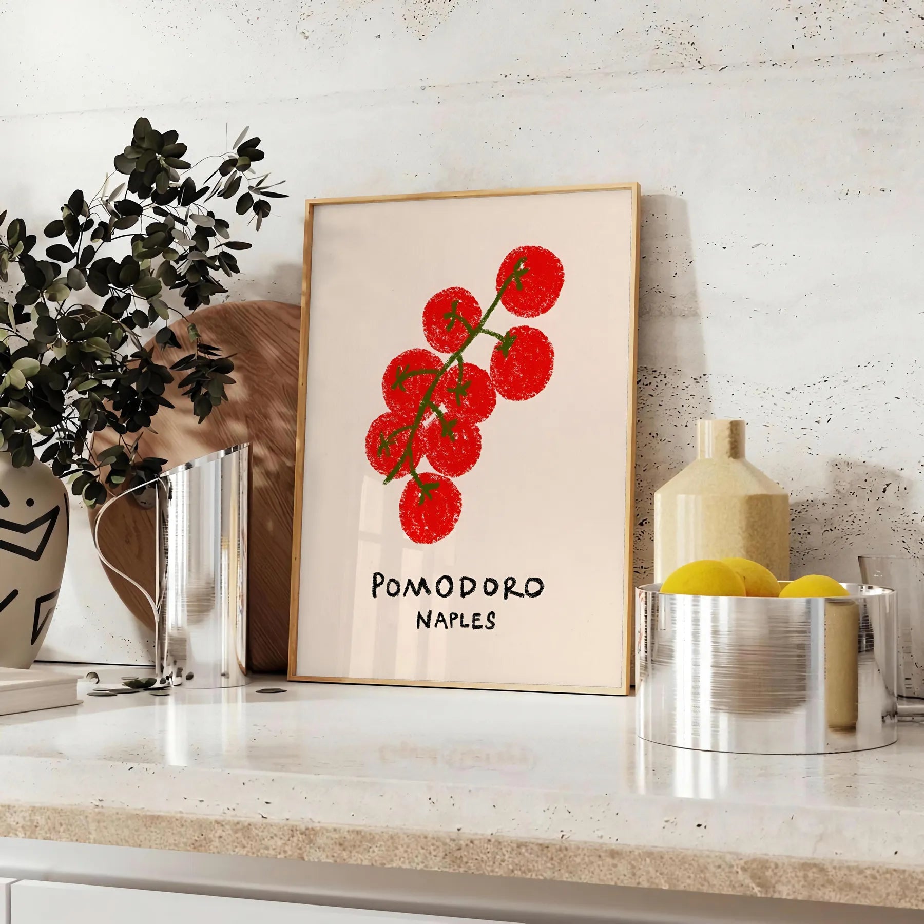 kitchen decor vibrant Pomodoro Naples poster fusion green orange hues wall art unique gift essence Italy culinary artistry sizes A4 cm A0