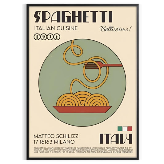 kitchen ambiance Spaghetti Italian Cuisine Poster elegant black brown hues wall art perfect gift food lovers chic touch culinary space A4 cm A0 print sizes