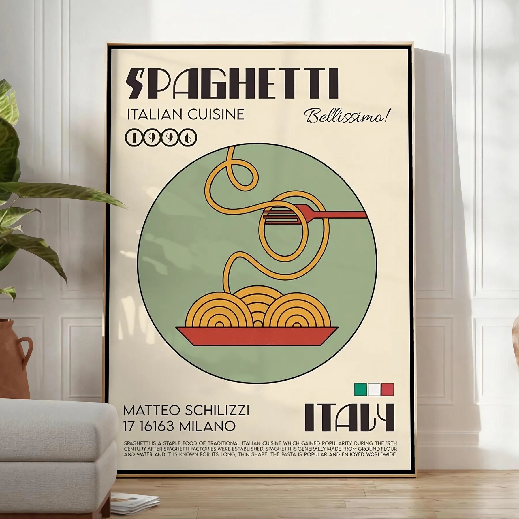 kitchen culinary haven stunning spaghetti Italian cuisine poster vibrant green accents sleek black background wall art perfect gift food lovers A4 cm A0 print sizes